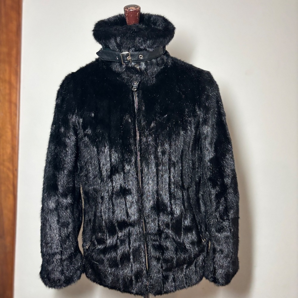 VINTAGE Faux Fur Jacket Black Solid Zipper Cuffs Stand Collar US‎ Size S-M